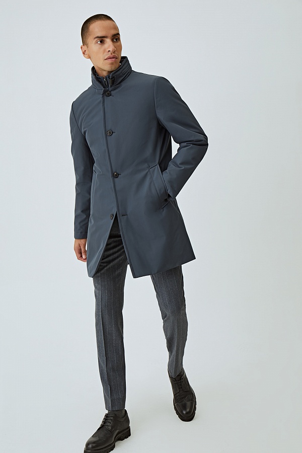 Удлиненная серо-синяя куртка со складным капюшоном