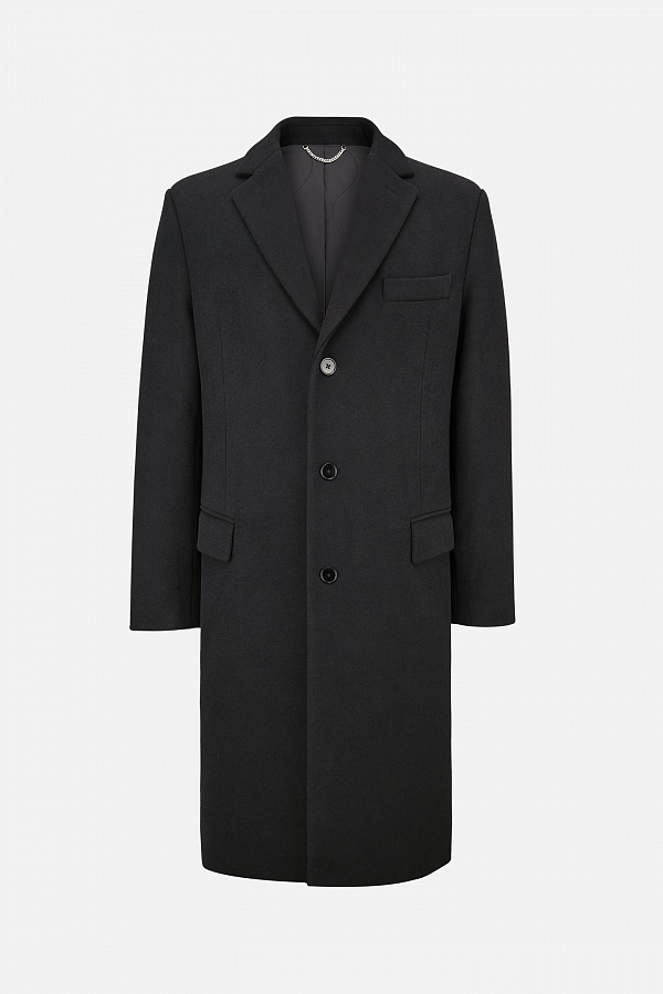 Удлиненное черное пальто на трех пуговицах