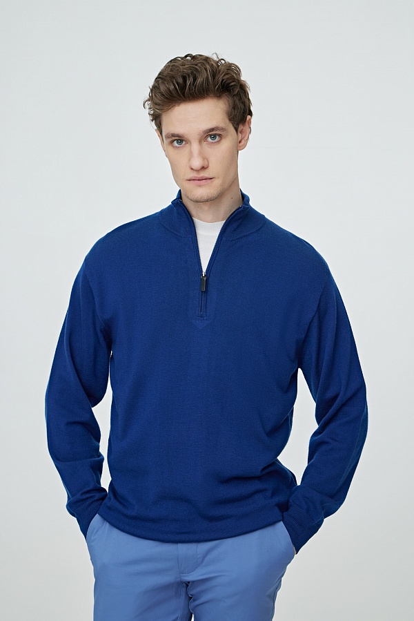 Синий шерстяной свитер с воротником на молнии