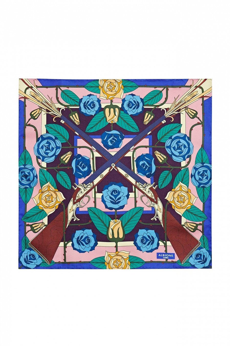 Розово-синий платок с принтом ружья и розы