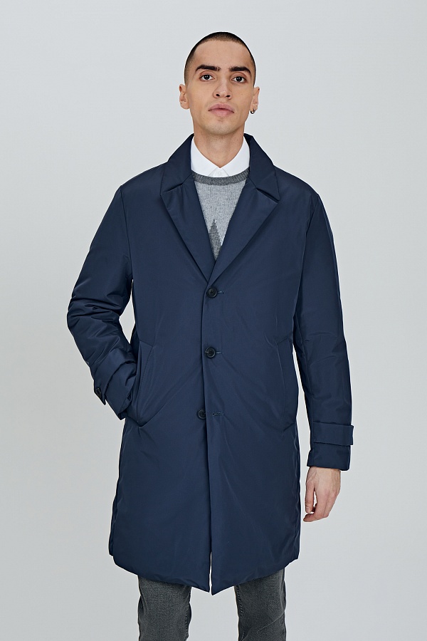 Утепленная куртка-пальто темно-синего цвета